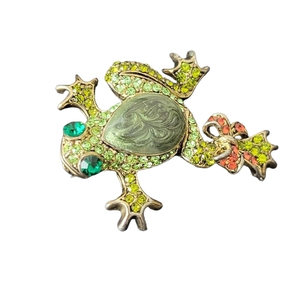 Vintage Jewelry - VINTAGE Gold Plated Rhinestone Green Frog Brooch